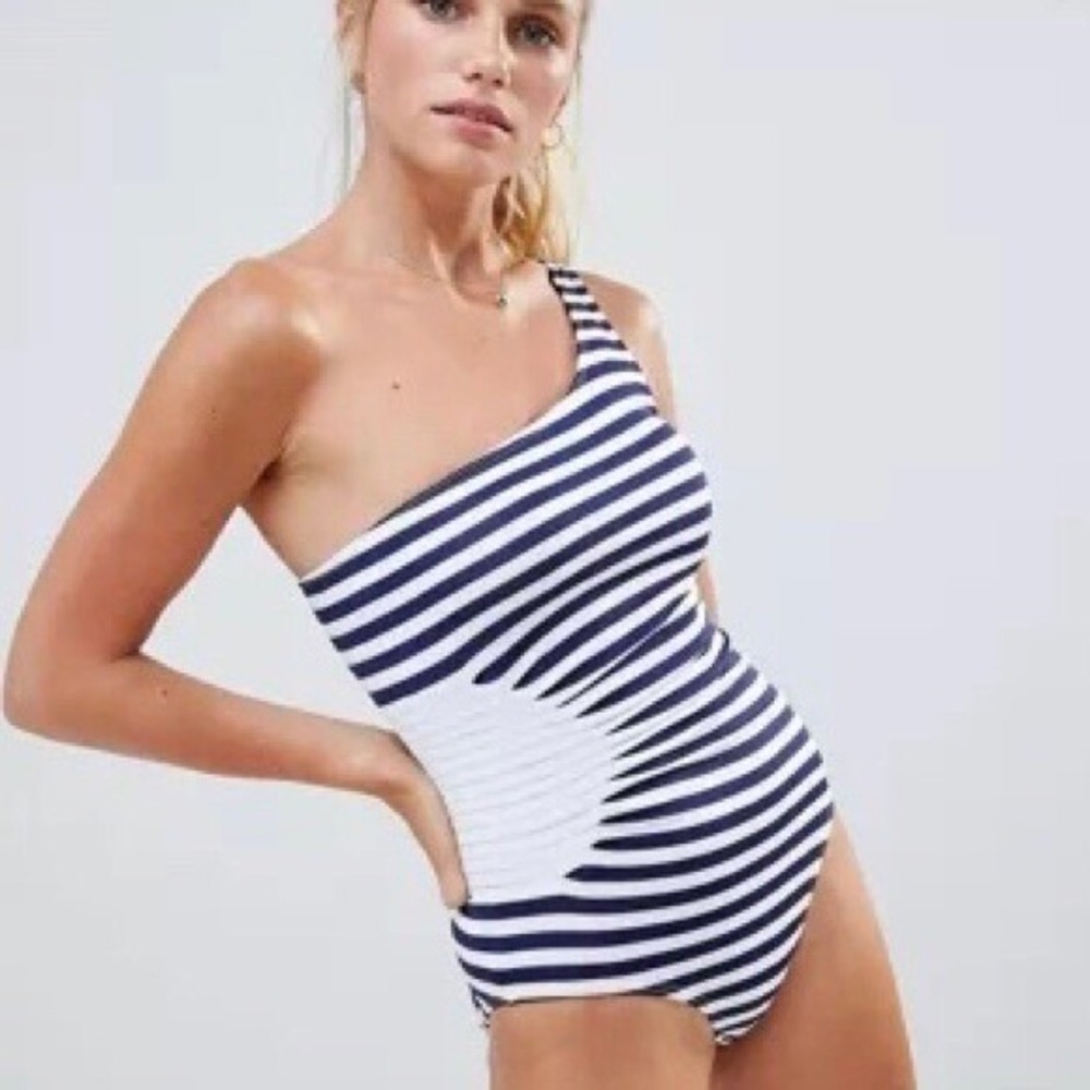 French Connection Navy Striped One Shoulder One Piece Swimsuit Nautical NWT L